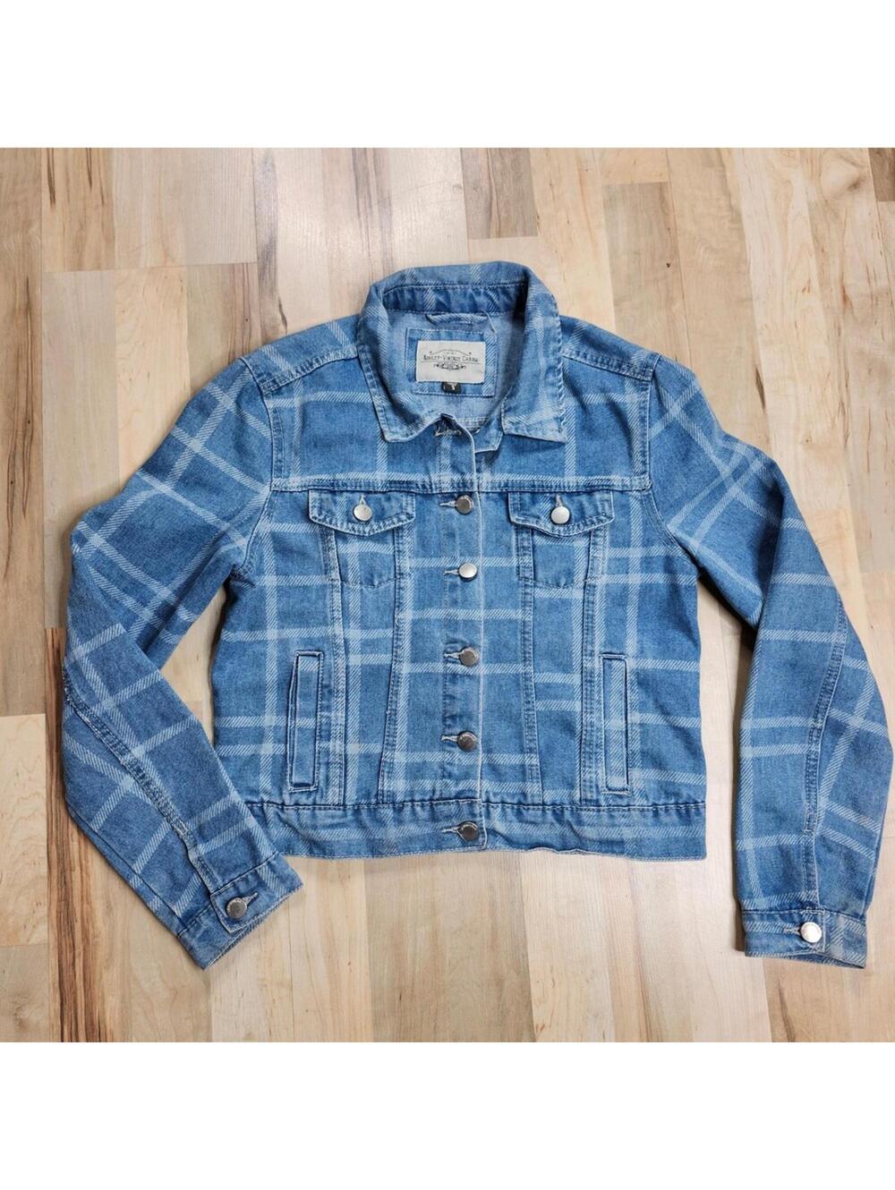 Ashley Vintage Charm Cropped Denim Jacket Size S Plaid Grid Wash
